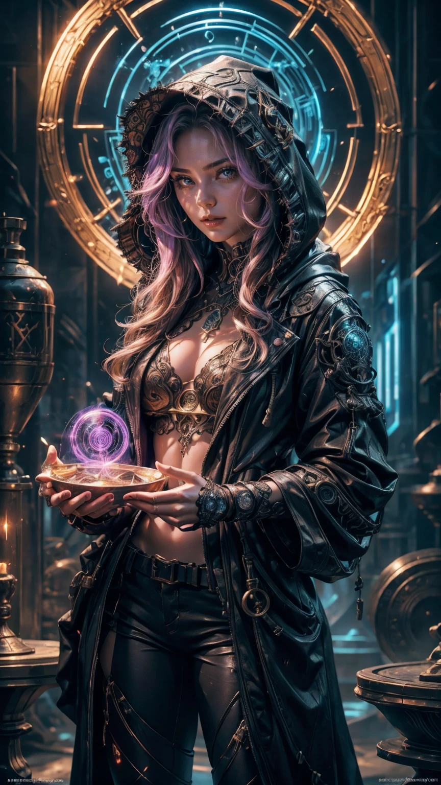 A young girl wizard in cyberpunk style, (masterpiece:1.2, best quality, realistic, raw photo, realism, ultra beautiful digital art, perfect anatomy, fantasy art, ultra detailed, incredibly absurdres, perfect depiction of fingers and hands), (detailed sexy face, detailed narrow sharp eyes, beautiful makeup, long eyelashes, juicy lips, high resolution, detailed depictions of beautiful face), (long hair, wavy), woman in a futuristic, (wearing a hooded intricate mechanical robe with ornate runes, glowing runes on her robe , sexy thigh, short pants, exposed clothes), BREAK (the wizard is generating lightning bowls by ancient magic, much aura), techno-organic circlet, with vibrant orange accents and a purple aura, striking a dramatic, cyberwizard