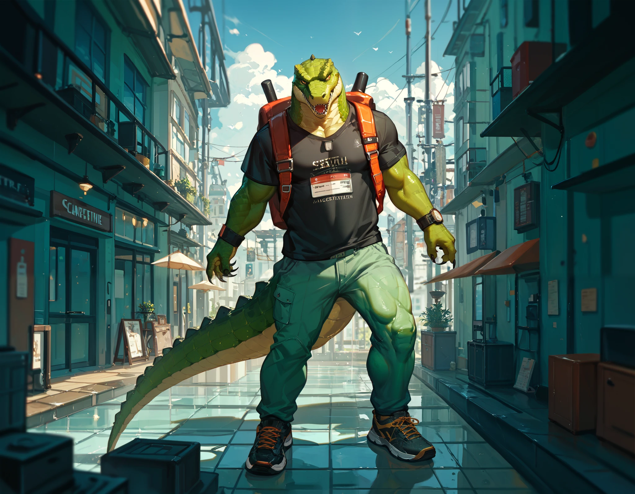 score_9_up, score_8_up, score_7_up, (masterpiece, high detailed), illustration, solo, 1 mature man, crocodile-men hybrid, yellow eyes, green skin , green scales, wearing a black shirt, sport's pants, esportive shoes, a small backpack; urban fantasy tematic . Character design 