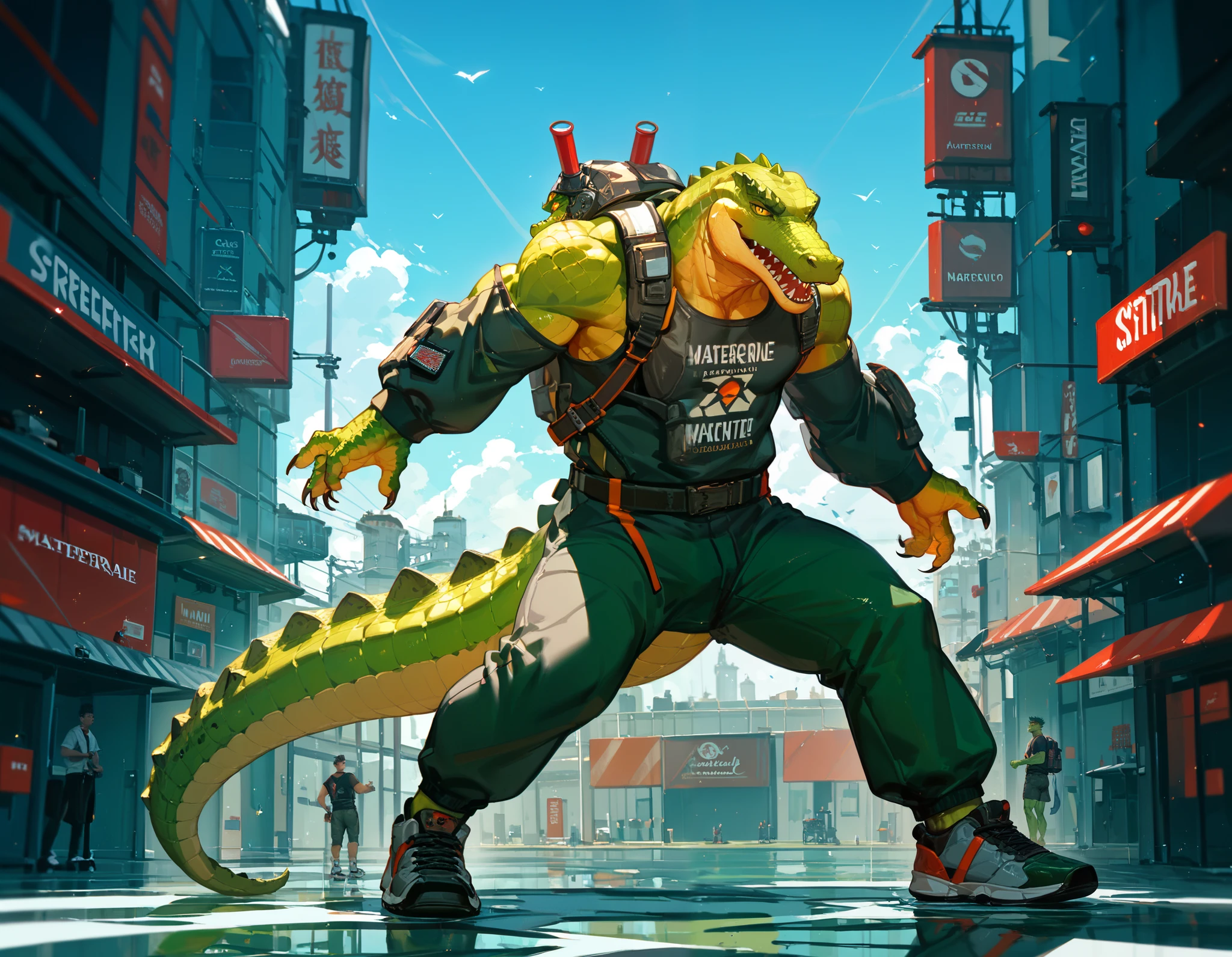 score_9_up, score_8_up, score_7_up, (masterpiece, high detailed), illustration, solo, 1 mature man, crocodile-men hybrid, yellow eyes, green skin , green scales, wearing a black shirt, sport's pants, esportive shoes, a small backpack; urban fantasy tematic . Character design 