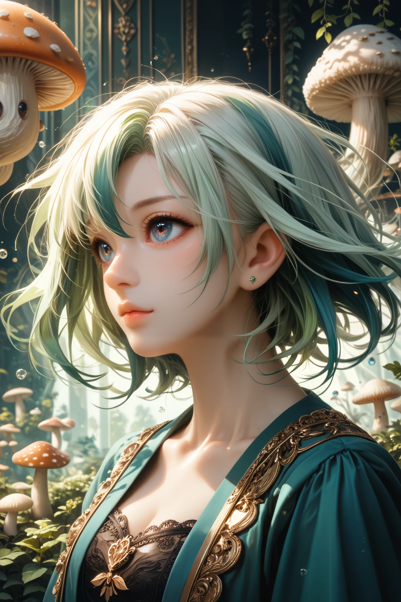 Nahida (masterpiece), ( better quality), ( ultra detailed),( disheveled hair ),(illustration), ( 1girl),  beautiful detailed eyes,Gentle beautiful face,floating,( high intensity),(colorful splashes),color bubble,(shining), Facial focus , walks through the woods, full of colorful mushrooms 