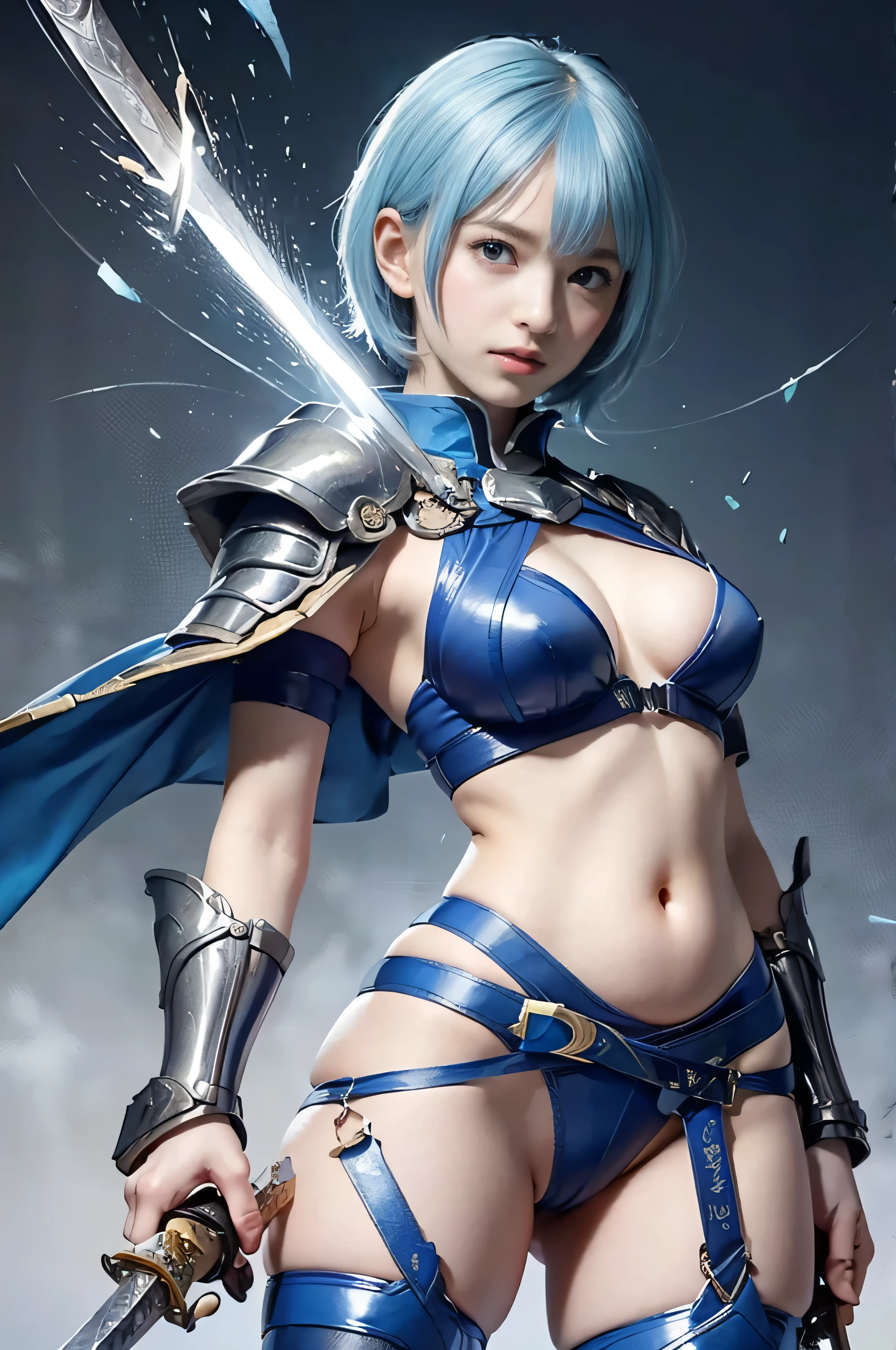 (masterpiece,  best quality:1.2), 8k, Baby-faced woman with bright blue short hair, Yellow Theme，((The Long Waving Sword :1.4))，armor，Exposing the belly button，Sakura NS，Promotional poster style，D Cup，Exposing the belly button， Sexy One Piece Stockings， happy expression, realistic skin texture,  beautiful blue eyes bandaged all over, Combat pose,