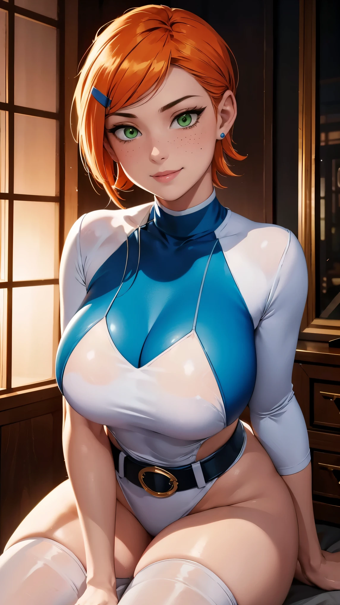 Gwen tennyson,(best qualityer,4K,8k,high resolution,work of art:1.2)(weather: sunset), forest town background, freckles, blue sleeves white top, tight white leggings, belt, sneakers,short straight hair, ginger hair, ultra detailed,realisitic,portraite,beautiful detailed green eyes, glowing eyes,blush,beautiful detailed lips,extremely detailed eye and face, long eyelashes,sexly,average, medium breasts,beaming smile, sexy smile,powerful girl in a battle, sexy pose, stunning curves,bright coloured,dramatic lighting,