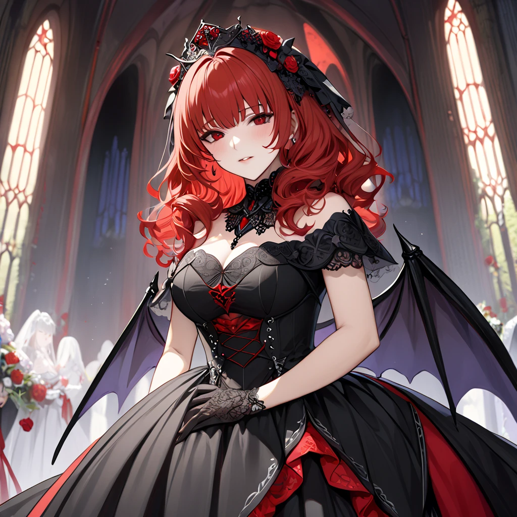 The beautiful woman who became a family member of an alien demon is a red-haired celica, wears a devil's black wedding dress, hugs the evil and heteromorphic fly demon Beelzebub at the devil's altar, and is loved while having a devil's wedding and becomes the devil's wife、(( best quality)), ((masterpiece)), ( Details), （ perfect face）,The devil's woman is a red-haired celica with excellent proportions, is the devil's wife who hugs and kisses an atypical devil and has a wedding 