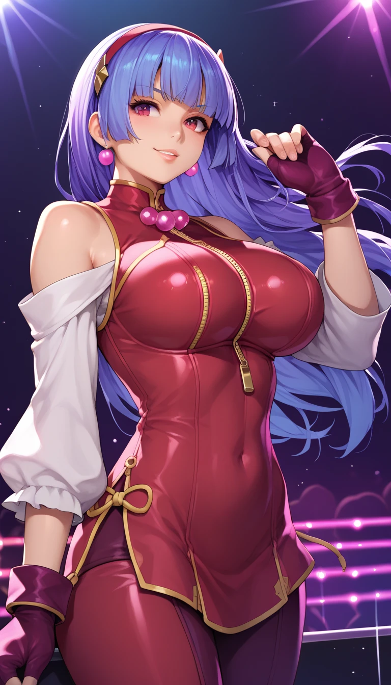 score_9_up, score_8_up, score_7_up,score_6_up, score_5_up, score_4_up , 1girl, solo, huge breasts, kula, blue hair, red eyes, bodysuit, gloves, zipper, AthnaKOFXV, purple hair, purple eyes, red hairband,pearl (gemstone), off-shoulder, white sleeves, fingerless gloves, short china dress, flirting, cowboy shot, stage lights, concert, stage