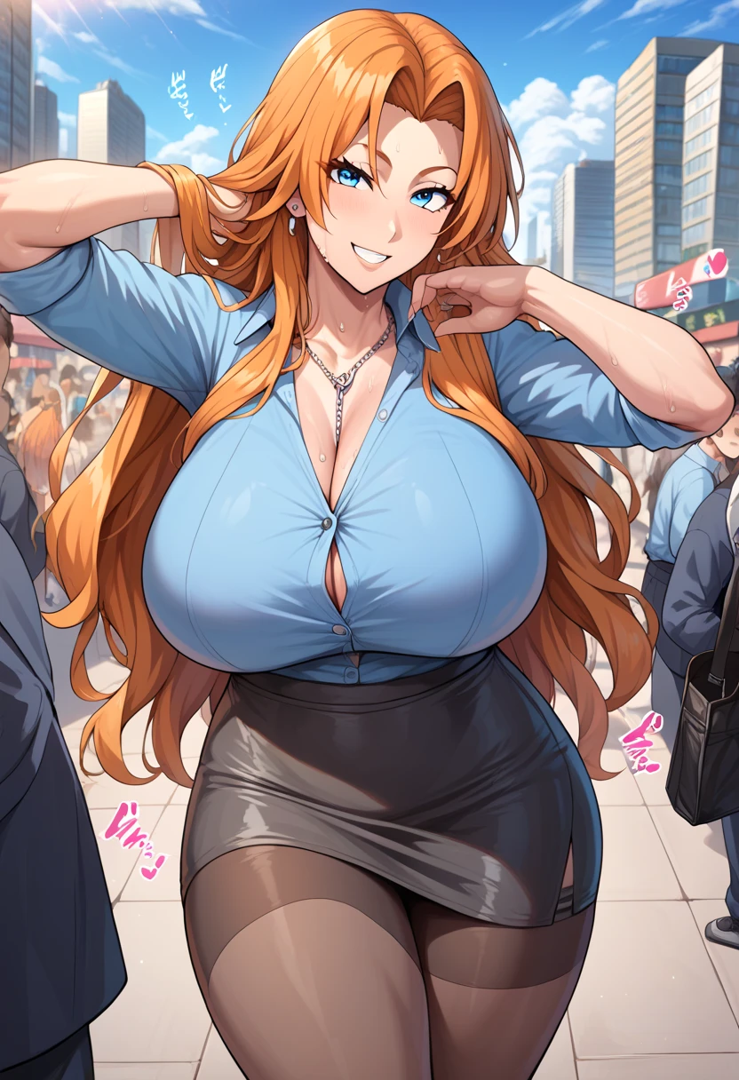 BREAK 1girl,Rangiku Matsumoto , long hair, blue eyes, orange hair, large breasts, sweat, sound effects, blue shirt,black tights,office lady, tight skirt, looking at you, smile, BREAK score_9, score_8_up, score_7_up, score_6_up, source_anime BREAK (outdoor, huge crowd),city,sunset,