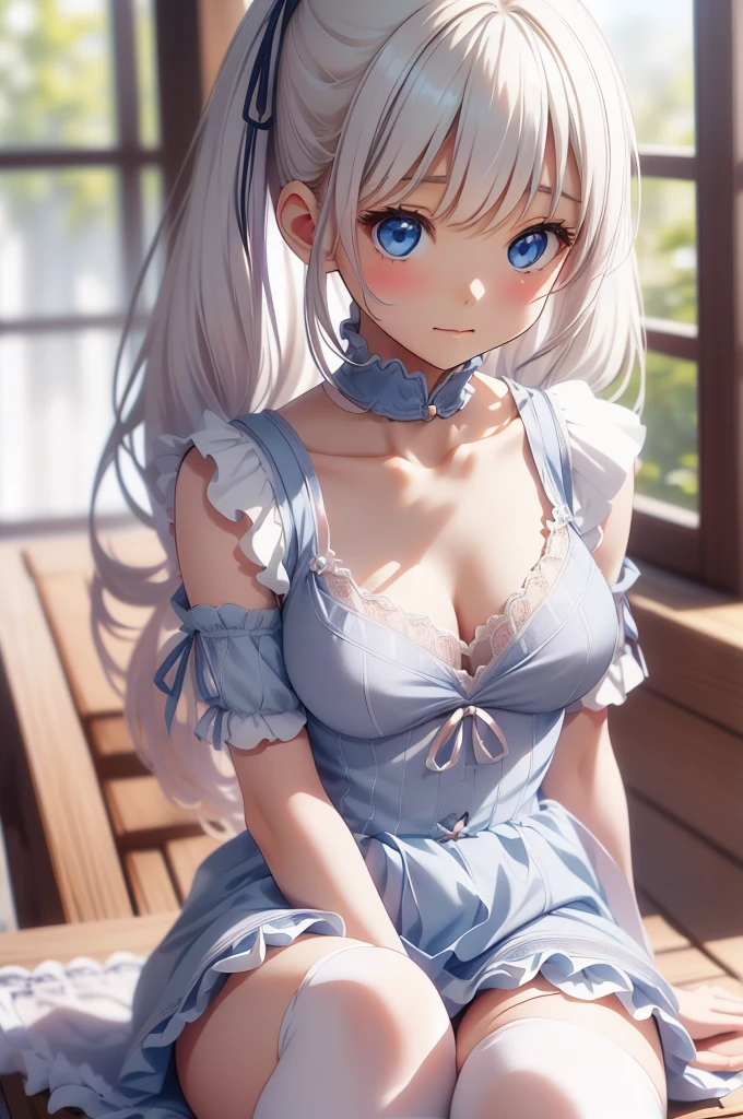 (high resolution、masterpiece、4k、8k、High resolution)、one girl、pretty girl、Big eyes,long eyelashes,smooth skin、Affordable Breasts、shiny hair、high twin tail、beautiful breasts、Radiant smile、whole body,head to toe(anatomically correct)、sunlight light、(Lolita dress that shows cleavage、frills、pale colour)、loafers
