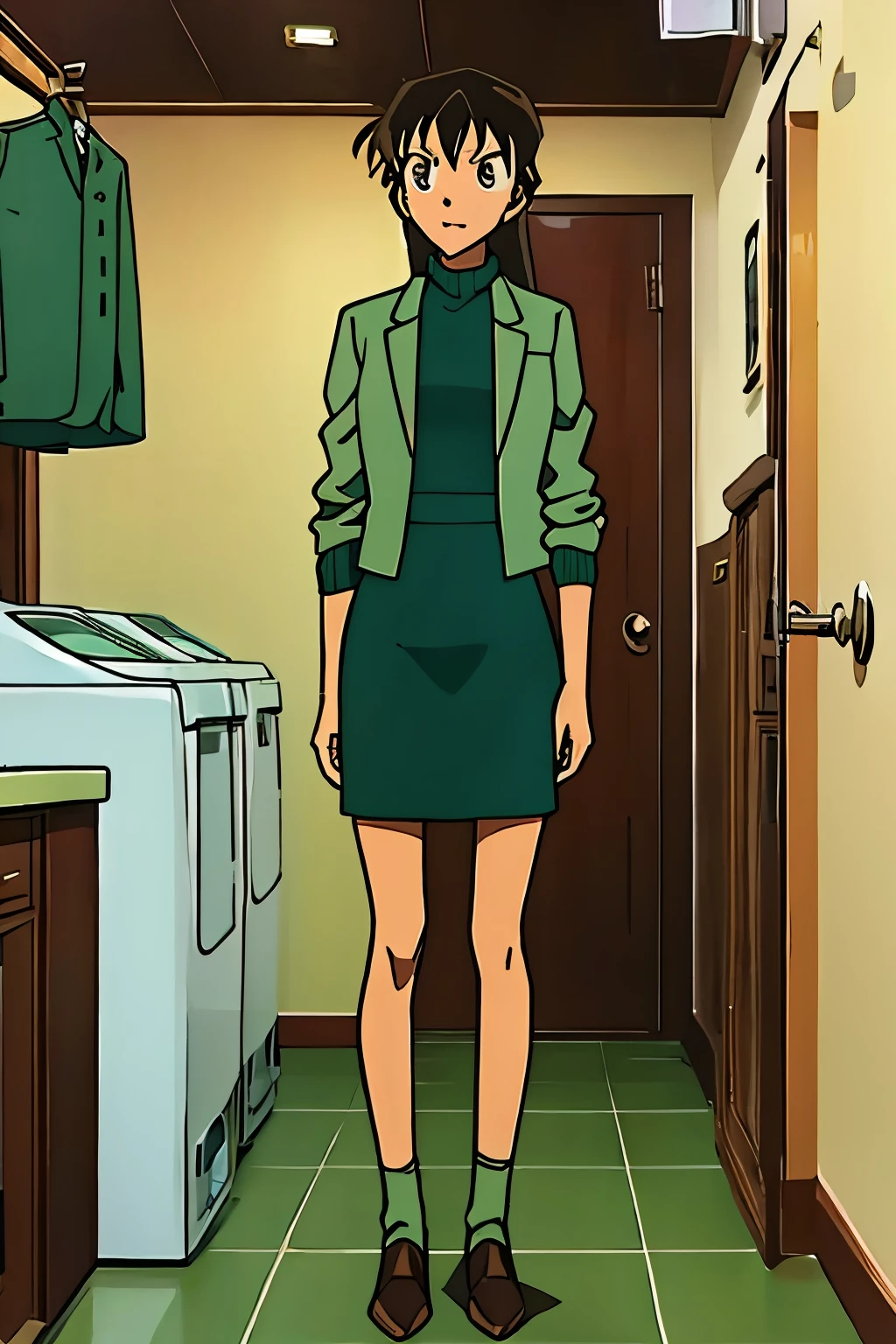 {{{mouri ran}}},{{{Detective Conan}}},{{{long hair}}},{{{official style}}},{{{adult}}},green dress one-piece dress,turtleneck green miniskirt, {light green cropped mini jacket},{light green cropped jacket},green socks,sink,laundry,kitchen,bringing upper body to the sink,open