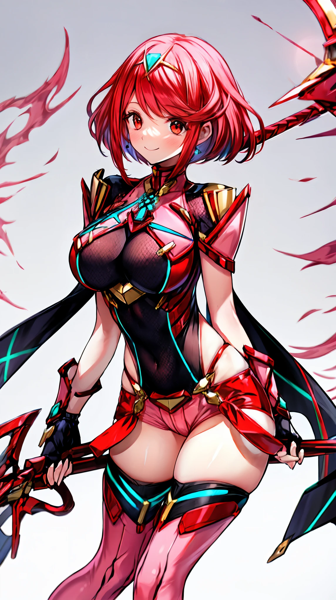 masterpiece, best quality, integrated scenery, integrated background, extremely delicate and beautiful, meticulous details, good composition, , cute face, perfect face, perfect hands, best quality, pyra \(xenoblade\), young_teen_1girl, armor, bangs, black gloves, red eyes, closed mouth, earrings,fingerless gloves, framed breasts, gem, gloves, hair ornament, headpiece, jewelry, large_breasts, leotard, red hair, red shorts, ,short hair, short shorts, short sleeves, shorts, sidelocks, skin tight, solo, swept bangs, thighhighs, tiara, night_town_background, turtleneck, underbust, vambraces, apart_legs,light_smile,large_sword, glab_large_sword_hilt, solo, (covered_nipples:0.6), (covered_pussy:0.7),