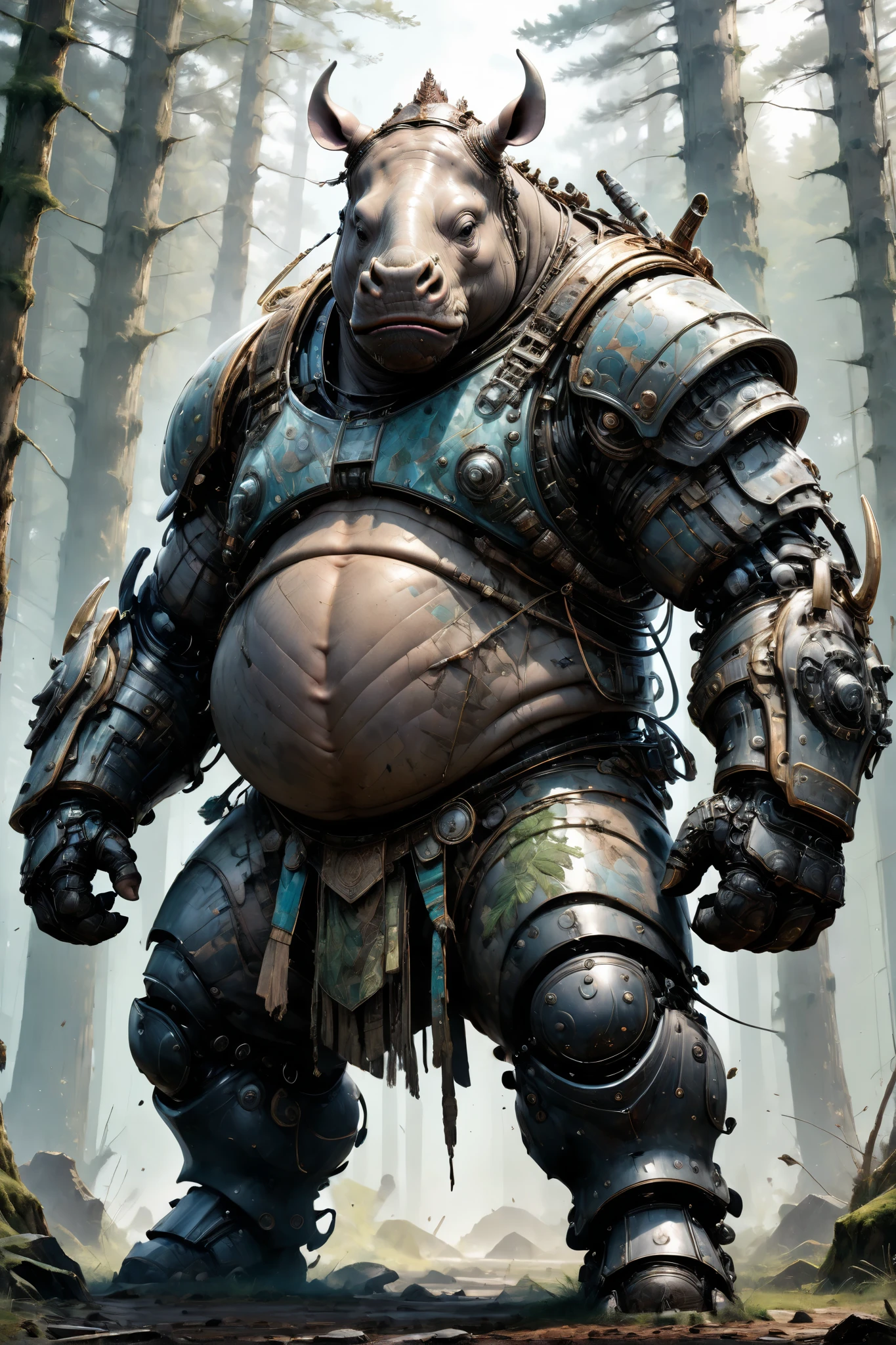 photorealistic portrait of Dressed animals - a ((fat)) rhinoceros warrior,(brave pose), high quality,(art by Carne Griffiths ) ,intricate detailed giant mechanical arms, highly detailed ((mechanical armor) ,,highly detailed armor, forest background , (brave), natural lighting,(full body image from head to toe:1.5),