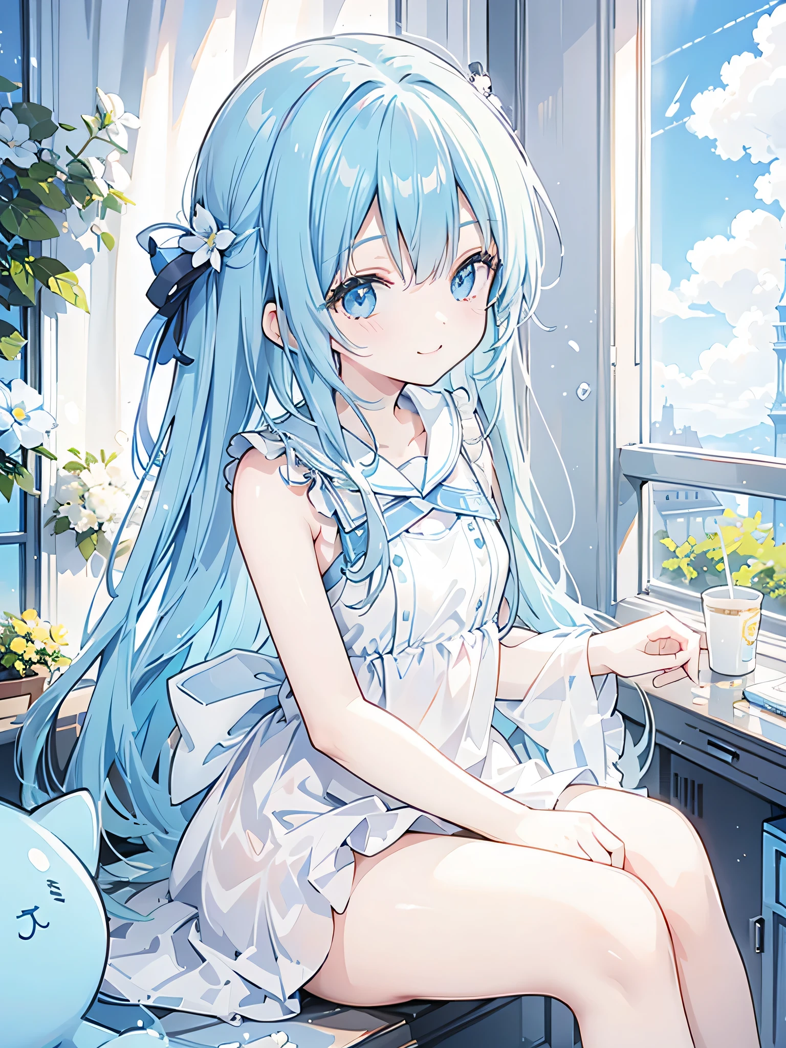 Bluish hair，Clothes with blue, yellow and white，A cute sweet girl