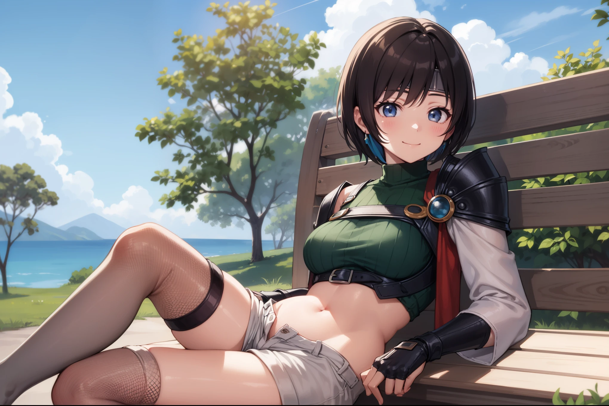 ultra detailed, best quality、Yuffie in Final Fantasy、Large Breasts、Sitting with legs crossed