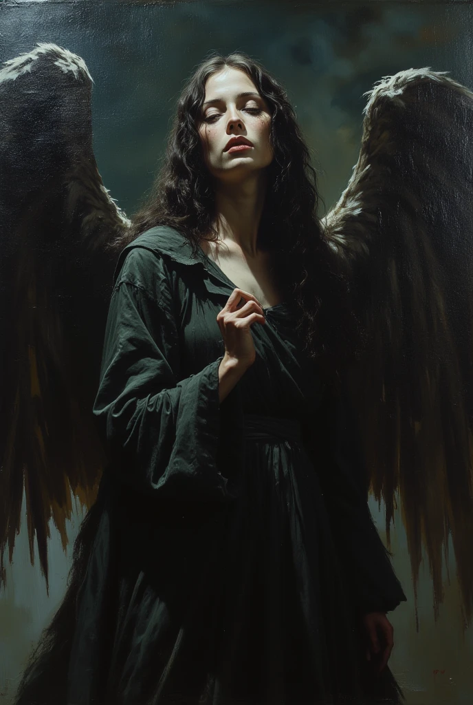 Angel of the darkness. Beautiful cinematic impressionist painting, Dark dramatic character, in the style of Jeremy Mann and Charles Dana Gibson, Mark Demsteder, Paul Hadley, artstation trend, sharp focus, studio photo, intricate details, high detail, Greg Rutkowski, perfect composition, beautiful detailed intricate insanely detailed octane render trending on artstation, 8 k artistic photography, photorealistic concept art, soft natural volumetric cinematic perfect light, chiaroscuro, award - winning photograph, masterpiece, oil on canvas, raphael, caravaggio, greg rutkowski, beeple, beksinski, giger