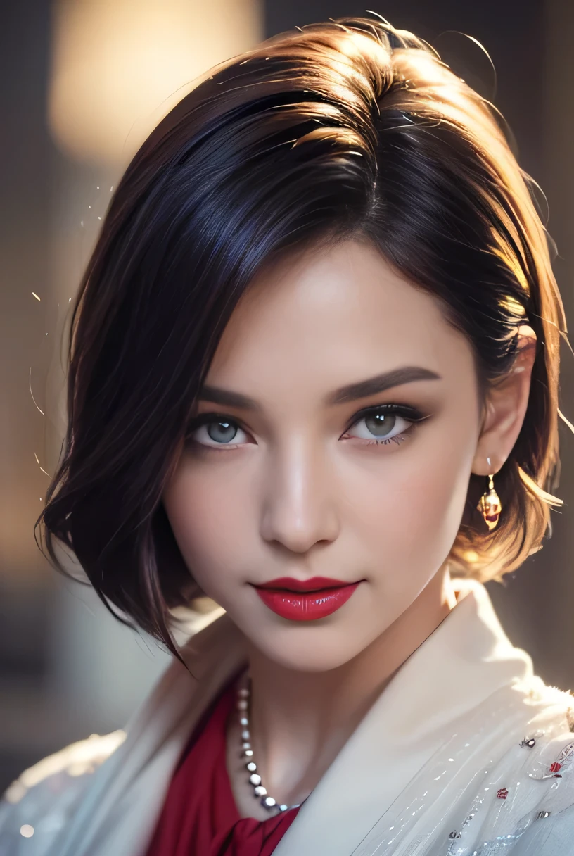 create a hyper realistic vertical photo of most attractive happy woman in her 30s, white skin, in blue rich business suit extra big chest, 36D, Lob (long bob) brown hair, trending on artstation, portrait, digital art, modern, sleek, highly detailed, formal, determined, CEO, colorized, smooth, charming, pretty, soft smile, dark red lipstick, soft lips, black eyes
