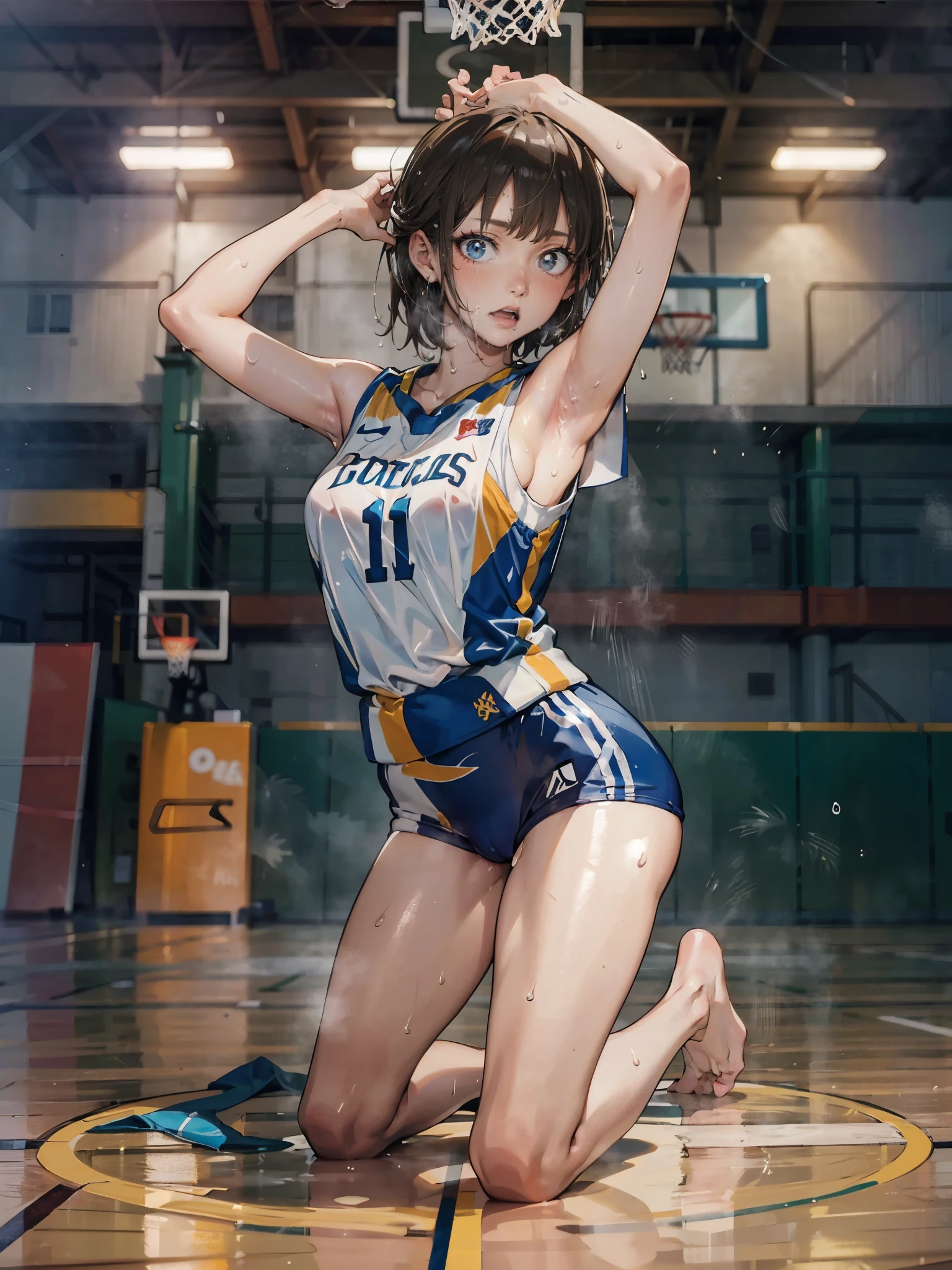 anime - style illustration of a high school girl in a (wet basketball tiny white uniform), sports video game character, official character art, trending on cgstation, e-girl, cushart krenz key art feminine, full body, female sports anime girl, (kneeling posing:1.5), looking at viewer, (sweaty:1.5), (blush:1.7), (puffy lips:1.2), (cameltoe), armpit, (bare legs:1.5), gymnastics, (drooling:1.5),