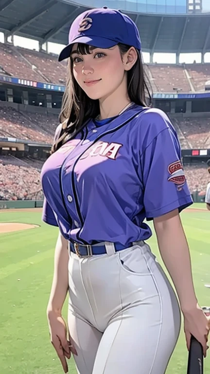  A very beautiful woman wearing a purple baseball uniform,Hitting at Tokyo Dome Stadium 、 Standing at bat and holding a bat 