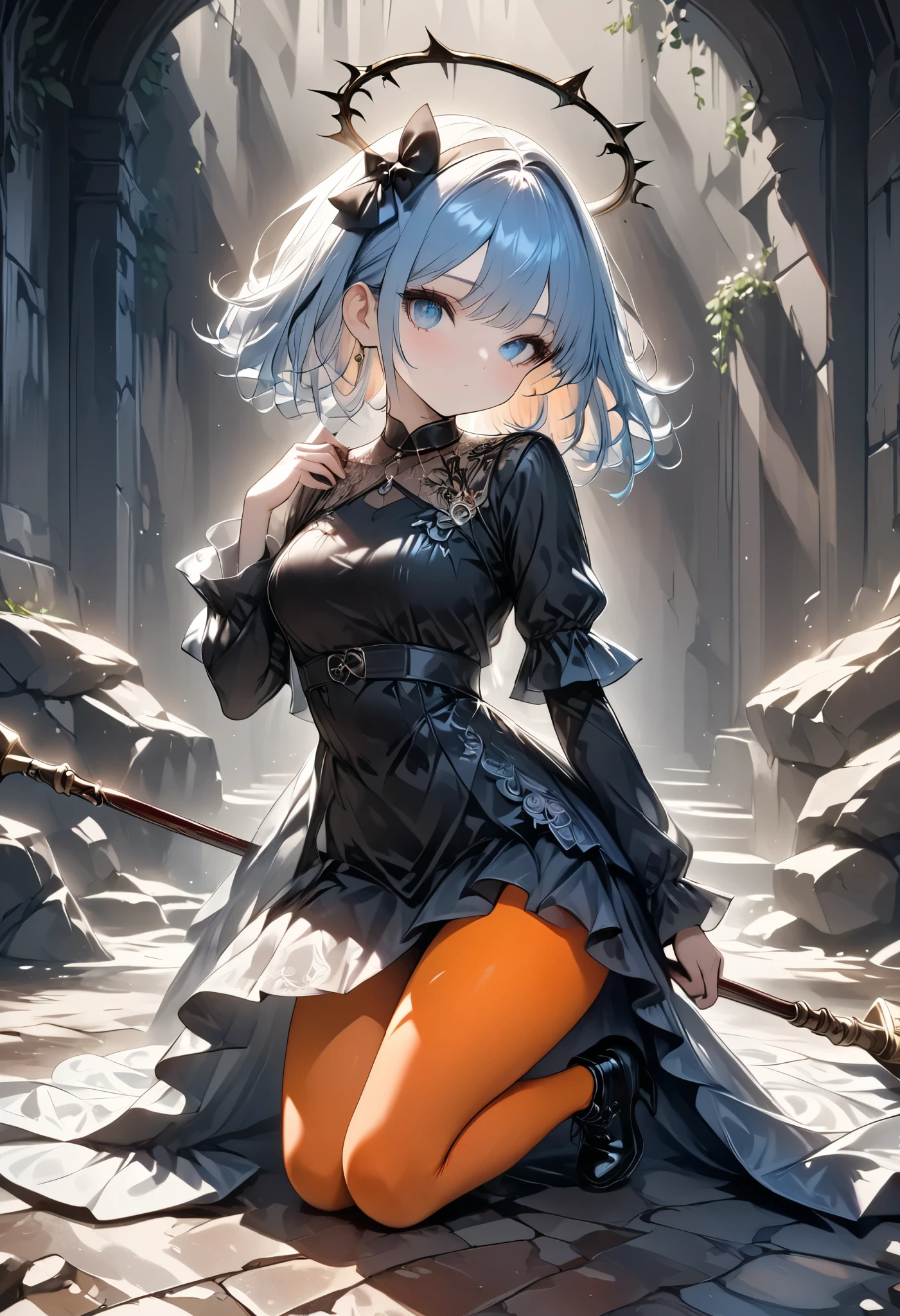 masterpiece, best quality, 8k, highres, ultra-detailed, HDR, UHD, studio lighting, extreme detail description, professional,illustration, best quality, dynamic pose, 1girl, short blue hair, hair bow, orange tights, detailed outfit, black boots, sitting pose, confident expression, hand on cheek, holding staff, lace details, modern fantasy attire, choker, asymmetrical design, intricate patterns, sharp lighting, white background, vibrant colors
