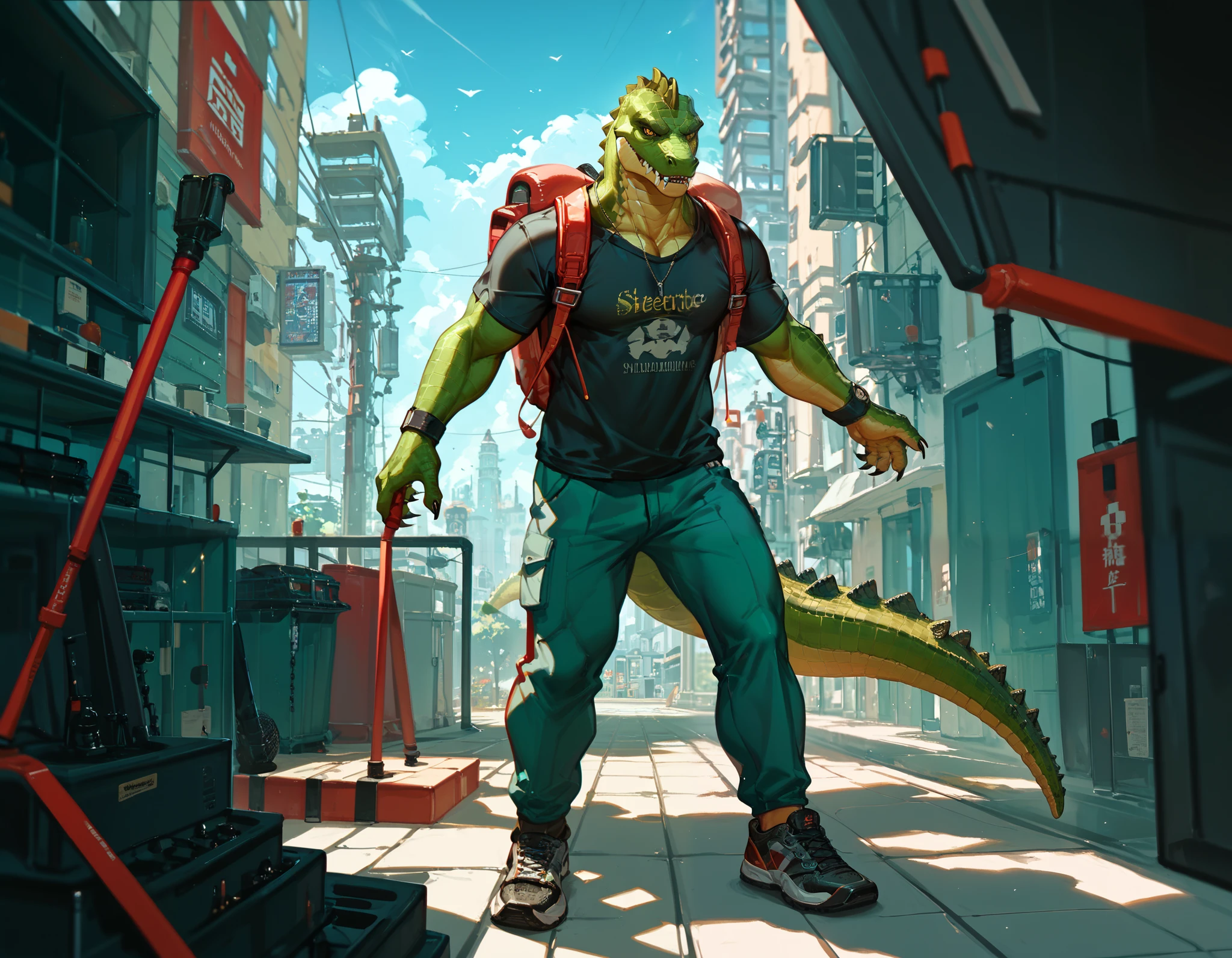 score_9_up, score_8_up, score_7_up, (masterpiece, high detailed), illustration, solo, 1 mature man, crocodile-men hybrid, yellow eyes, green skin , green scales, wearing a black shirt, sport's pants, esportive shoes, a small backpack; urban fantasy tematic . Character design 