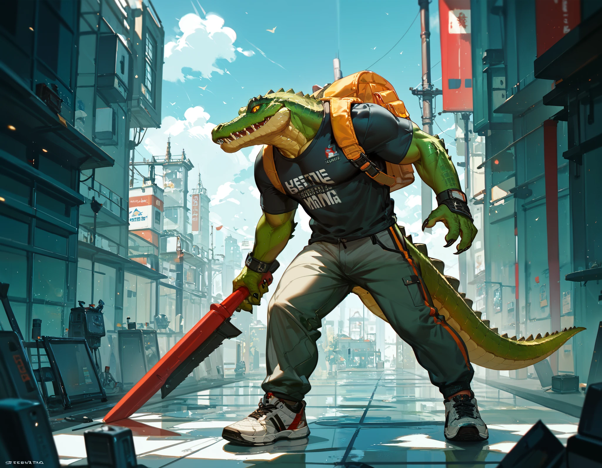 score_9_up, score_8_up, score_7_up, (masterpiece, high detailed), illustration, solo, 1 mature man, crocodile-men hybrid, yellow eyes, green skin , green scales, wearing a black shirt, sport's pants, esportive shoes, a small backpack; urban fantasy tematic . Character design 