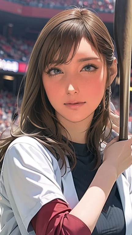 A very beautiful woman wearing a Red Sox uniform,Hitting at Giants Stadium