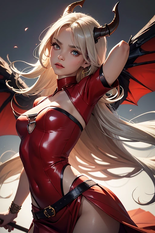 Master painting, 8K quality, master painting, 8K quality, small breast, demon wings, delicate eye portrayal, delicate facial features portrayal, delicate body portrayal, delicate makeup depiction, red leather coat, long blonde hair, slender body, open chest, long legs, ((exposed)) ((injured)) red blood on the body, gorgeous jewelry