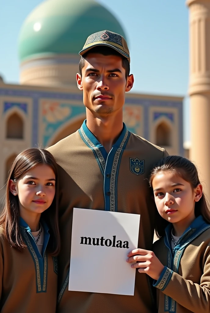 Make a family photo consisting of 4 people. 1 father 1 mother wearing a hijab, 1 boy aged 11 years and a girl aged 3 years. Wearing real madrid couple clothes