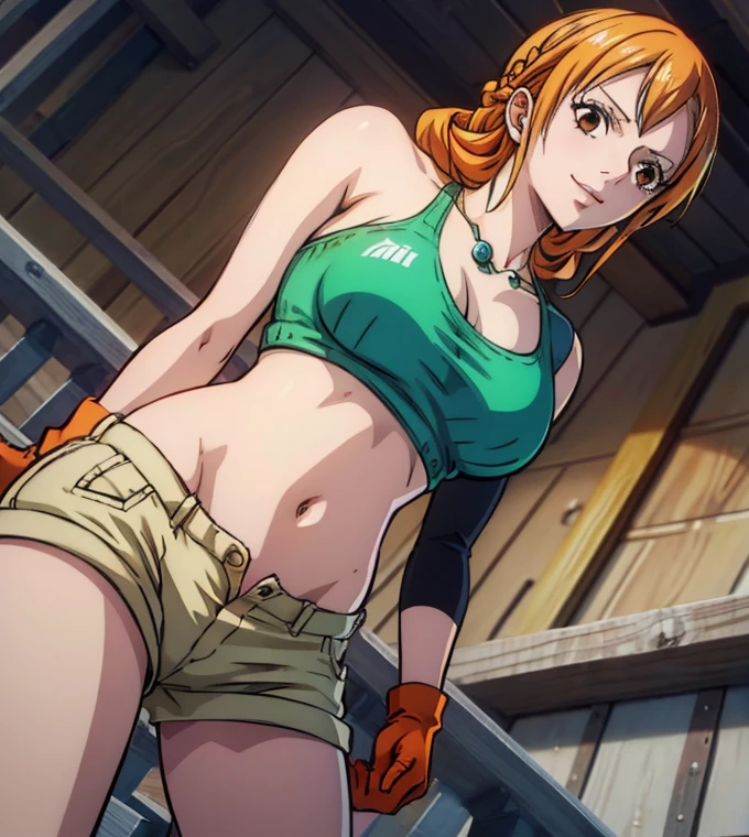  (masterpiece, best quality, 4K, 8k,   high definition  , masterpiece:1.2),  super detailed, (Realistic, photoRealistic, photo-Realistic:1.37),    Pale Orange Hair  ,  Nami in One Piece , pale orange hair hidden in thick grass ,( side tail,Braiding),Golden hair ornament, Beautiful Brown Eyes , Nami tattoo on her left shoulder , beautiful lips,Beautiful lipstick, Necklaces ,smile, looking at the camera, Big Breasts , Ninja,Shuriken,gloves,Green tank top, shoulder armor , shorts,belly button,Combat with enemies,  Light Motion 1 .5 ,(Shuriken),( movement activation light goes back and conveys a sense of speed 1.5,  The activation light for movement is beautiful pale blue 1 .5),( Fantasy worldview ),Perfect body,Perfect means,Perfect body