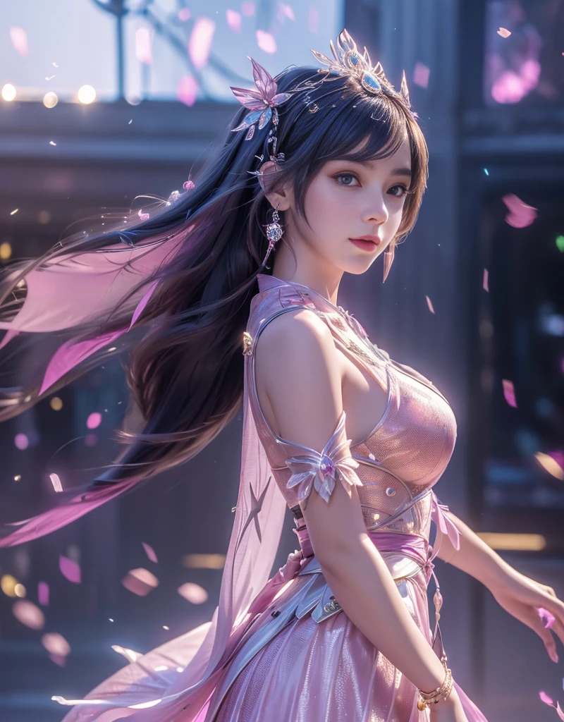 Her name is Liu Shenime character!A sexy girl,Standing,Hands on hips,Long fluttering hair,Wears transparent tulle,Smiling,Firm chest,