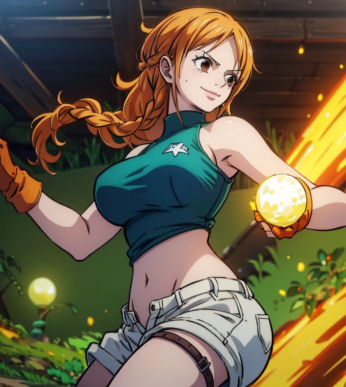  (masterpiece, best quality, 4K, 8k,   high definition  , masterpiece:1.2),  super detailed, (Realistic, photoRealistic, photo-Realistic:1.37),    Pale Orange Hair  ,  Nami in One Piece , pale orange hair hidden in thick grass ,( side tail,Braiding),Golden hair ornament, Beautiful Brown Eyes , Nami tattoo on her left shoulder , beautiful lips,Beautiful lipstick, Necklaces ,smile, looking at the camera, Big Breasts , Ninja,Shuriken,gloves,Green tank top, shoulder armor , shorts,belly button,Combat with enemies,  Light Motion 1 .5 ,(大Shuriken),( movement activation light goes back and conveys a sense of speed 1.5,  The activation light for movement is beautiful pale blue 1 .5),( Fantasy worldview ),Perfect body,Perfect means,Perfect body