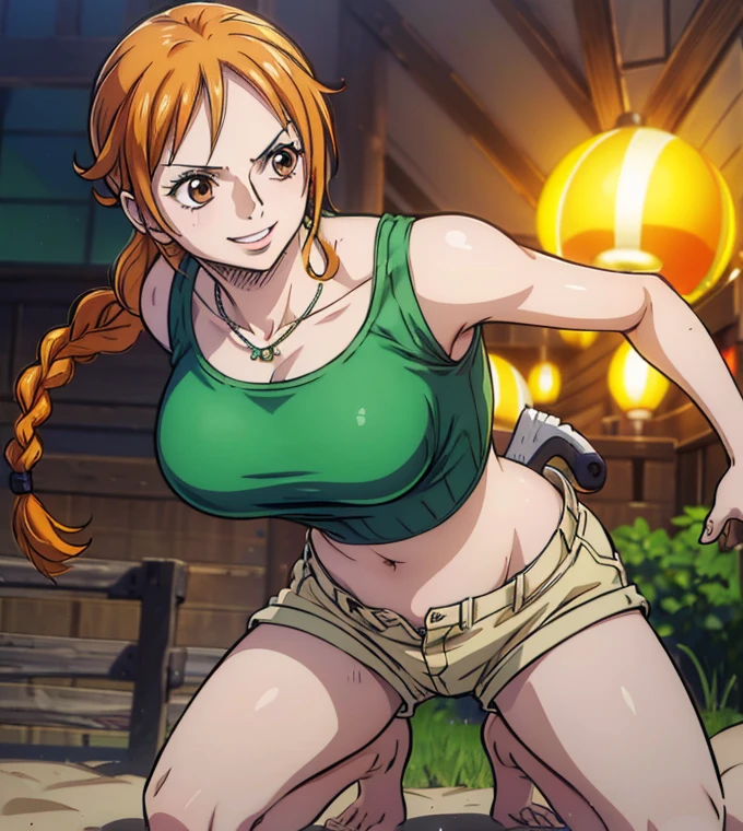  (masterpiece, best quality, 4K, 8k,   high definition  , masterpiece:1.2),  super detailed, (Realistic, photoRealistic, photo-Realistic:1.37),    Pale Orange Hair  ,  Nami in One Piece , pale orange hair hidden in thick grass ,( side tail,Braiding),Golden hair ornament, Beautiful Brown Eyes , Nami tattoo on her left shoulder , beautiful lips,Beautiful lipstick, Necklaces ,smile, looking at the camera, Big Breasts , Ninja,Shuriken,gloves,Green tank top, shoulder armor , shorts,belly button,Combat with enemies,  Light Motion 1 .5 ,(大Shuriken),( movement activation light goes back and conveys a sense of speed 1.5,  The activation light for movement is beautiful pale blue 1 .5),( Fantasy worldview ),Perfect body,Perfect means,Perfect body