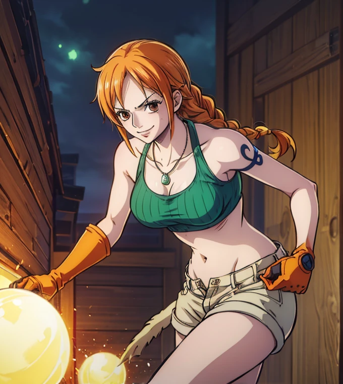  (masterpiece, best quality, 4K, 8k,   high definition  , masterpiece:1.2),  super detailed, (Realistic, photoRealistic, photo-Realistic:1.37),    Pale Orange Hair  ,  Nami in One Piece , pale orange hair hidden in thick grass ,( side tail,Braiding),Golden hair ornament, Beautiful Brown Eyes , Nami tattoo on her left shoulder , beautiful lips,Beautiful lipstick, Necklaces ,smile, looking at the camera, Big Breasts , Ninja,Shuriken,gloves,Green tank top, shoulder armor , shorts,belly button,Combat with enemies,  Light Motion 1 .5 ,(大Shuriken),( movement activation light goes back and conveys a sense of speed 1.5,  The activation light for movement is beautiful pale blue 1 .5),( Fantasy worldview ),Perfect body,Perfect means,Perfect body