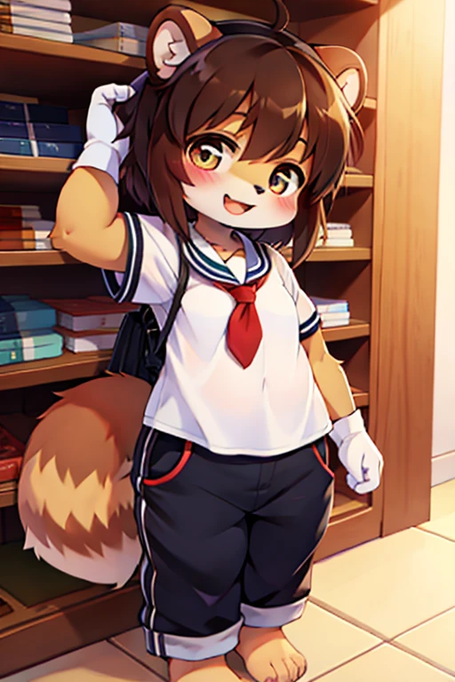 pon pon shit , from below , Hairy fox girl , round face , (tilt face:1.1) , (half-open wink:1.2) , moist round eyes , Swollen cheeks , dark color hair , Maternal smile , glossy lips , school sailor , middle skirt , sunny school , (bushy body:1.3) , (spin turn:1.5) , upskirt , bare bushy hip , bushy tail