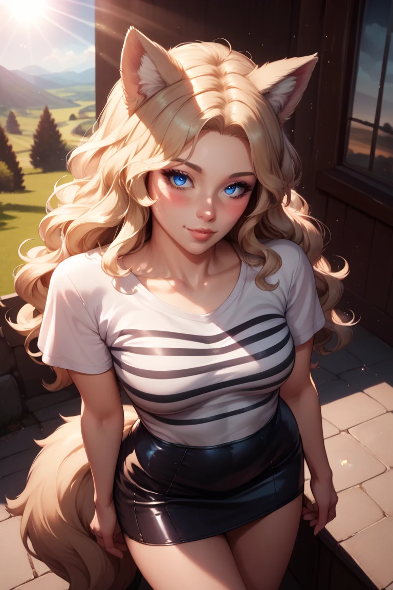 masterpiece,  better quality,  wolf girl ,  elegant,  1girl, WOLF EARS, wolf tail, Cute, blushed,  looks at the viewer , Above,  blonde wavy hair , Mini-skirt, white and black striped t-shirt,  blue eyes ,  Beautiful eyes, beautiful background, light particles,  sun rays,  dramatic lighting , outside, brilliant,  Realistic, masterpiece,  better quality, ultra- in detail,  in detail, landscape, beautiful  in detail eyes,  in detail hair