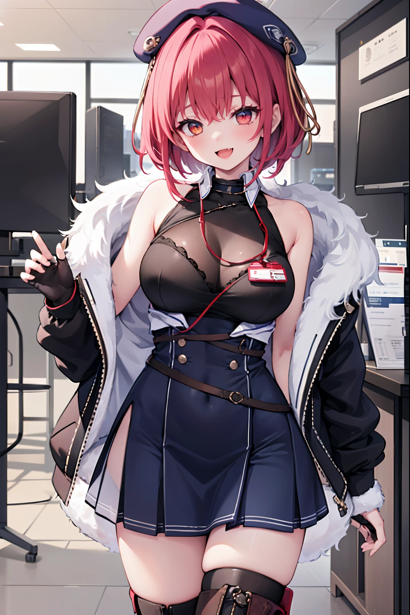 ((Masterpiece)), (Best Quality), marine_beret, Collared_White_Shirt, Sleeveless, High-waisted Skirt, Pantyhose, Blue Jacket, Fur Embellishment, Fingerless Gloves, ID Card, Solo,marine_officer,, black pantyhose, black gloves, thigh boots, beret,houshou_marine,heterochromia, red eyes, orange eyes,open_mouth,big_smile,evil_smile,fang,large_breasts,,office_landscape,red_short_hair,(plump:0.7),open_mouth,tongue, slouch,pov,grin,evil,