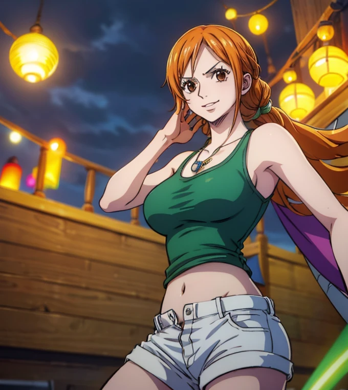  (masterpiece, best quality, 4K, 8k,   high definition  , masterpiece:1.2),  super detailed, (Realistic, photoRealistic, photo-Realistic:1.37),    Pale Orange Hair  ,  Nami in One Piece , pale orange hair hidden in thick grass ,( side tail,Braiding), golden hair ornament, Beautiful Brown Eyes , Nami tattoo on her left shoulder , beautiful lips,Beautiful lipstick, Necklaces ,smile, looking at the camera, Big Breasts , Ninja,Shuriken,gloves,Green tank top, shoulder armor , shorts,belly button,Combat with enemies,  Light Motion 1 .5 ,(大Shuriken),( The movement activation light goes backwards and conveys a sense of speed 1.5,  The activation light for movement is beautiful pale blue 1 .5),( Fantasy worldview ),Perfect body,Perfect means,Perfect body