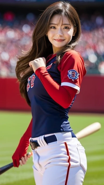 A very beautiful woman wearing a Red Sox uniform,Hitting at Giants Stadium