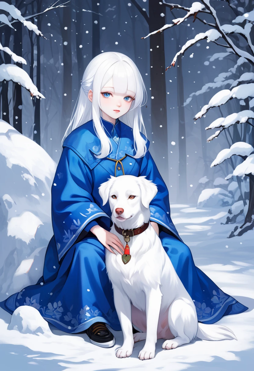 An albino girl with white hair and skin as white as snow is sitting and wearing blue clothes while accompanied by her pet dog