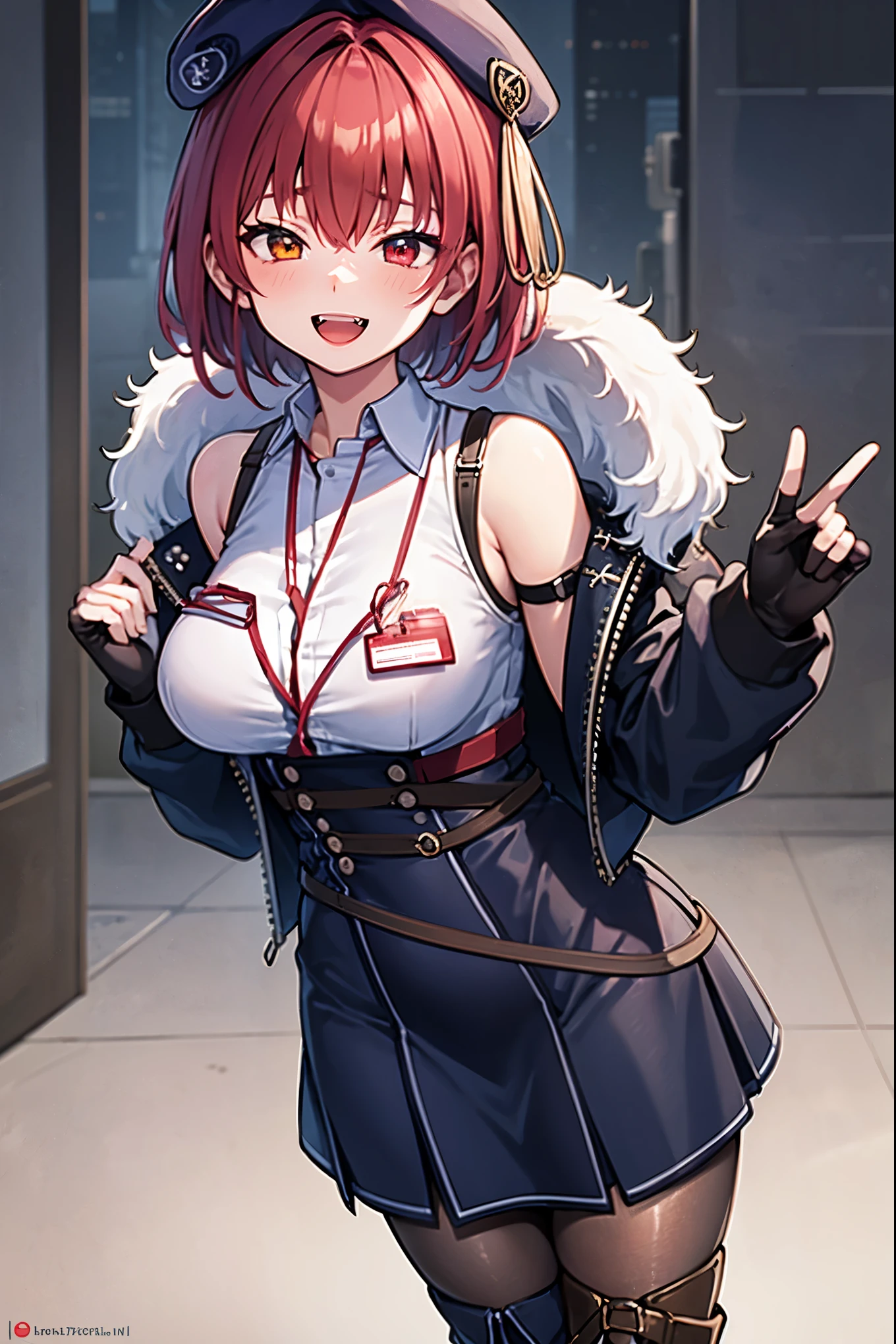 ((Masterpiece)), (Best Quality), marine_beret, Collared_White_Shirt, Sleeveless, High-waisted Skirt, Pantyhose, Blue Jacket, Fur Embellishment, Fingerless Gloves, ID Card, Solo,marine_officer,, black pantyhose, black gloves, thigh boots, beret,houshou_marine,heterochromia, red eyes, orange eyes,open_mouth,big_smile,evil_smile,fang,large_breasts,,office_landscape,red_short_hair,(plump:0.7),open_mouth,tongue, slouch,pov,grin,evil,