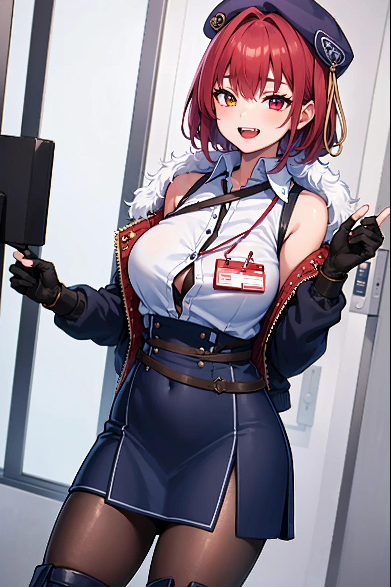 ((Masterpiece)), (Best Quality), marine_beret, Collared_White_Shirt, Sleeveless, High-waisted Skirt, Pantyhose, Blue Jacket, Fur Embellishment, Fingerless Gloves, ID Card, Solo,marine_officer,, black pantyhose, black gloves, thigh boots, beret,houshou_marine,heterochromia, red eyes, orange eyes,open_mouth,big_smile,evil_smile,fang,large_breasts,,office_landscape,red_short_hair,(plump:0.7),open_mouth,tongue, slouch,pov,grin,evil,