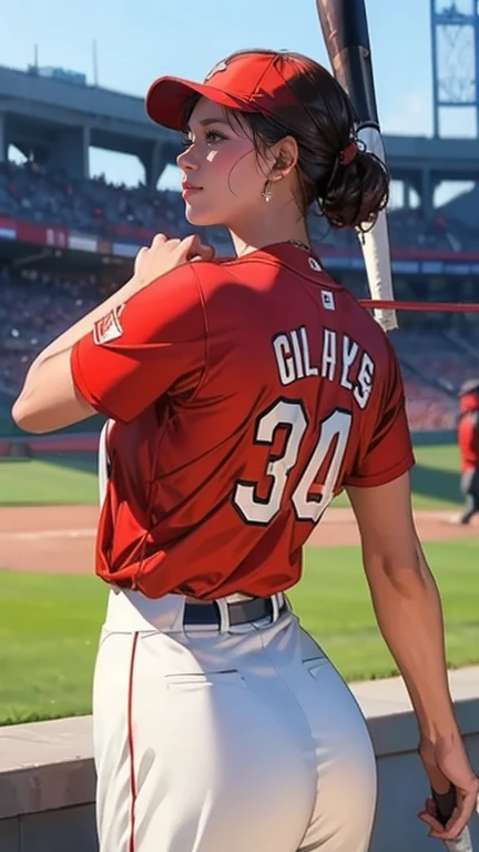 A very beautiful woman wearing a Red Cubs uniform,Hitting at Giants Stadium、 bat