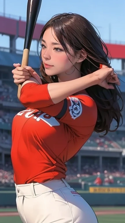 A very beautiful woman wearing a Red Cubs uniform,Hitting at Giants Stadium、 bat