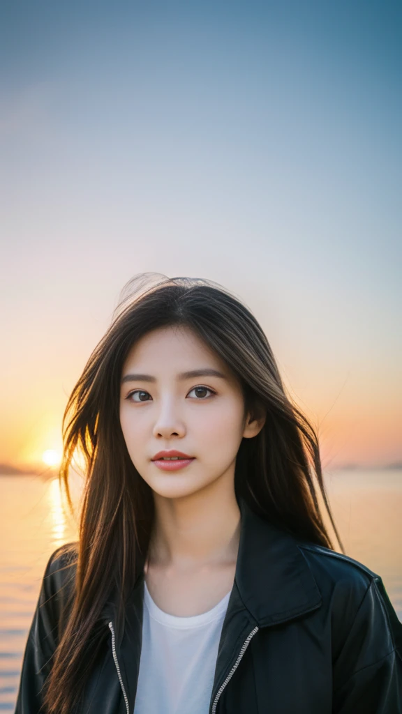  super quality、 ultra high resolution、8k、 comet 、The most beautiful woman in the world、（ brown long hair:1.5）、Small face、Thin, thin eyebrows 、evening、Sunset、You can see the ocean、 reality stick、（ black jacket :1.5）、 Sexy Expression 、 Sexy Poses 、