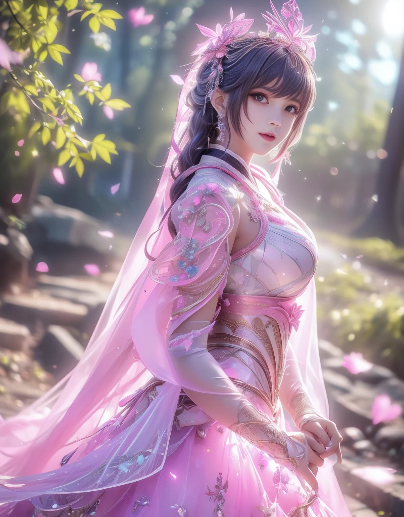 8k,  ultra high resolution, masterpiece,  best quality,  1 girl, (( realistic face)), Happy Pace ,  very long hair, Big breasts, Decorative Dress, very beautiful Decorations dress,  Shining Pink , ((race)), Mesh dress,  Mesh Cape Flowing , sardine, loop, ((Decorations)),  LEGENDARY,  depth of field,  cinematic lighting under kimono,  Color Difference,  motion blur, Shining Light, god rays,  ray tracing, ((Reflected Light)), Light, bloom,  Color Difference abuse, Multiple monochrome,