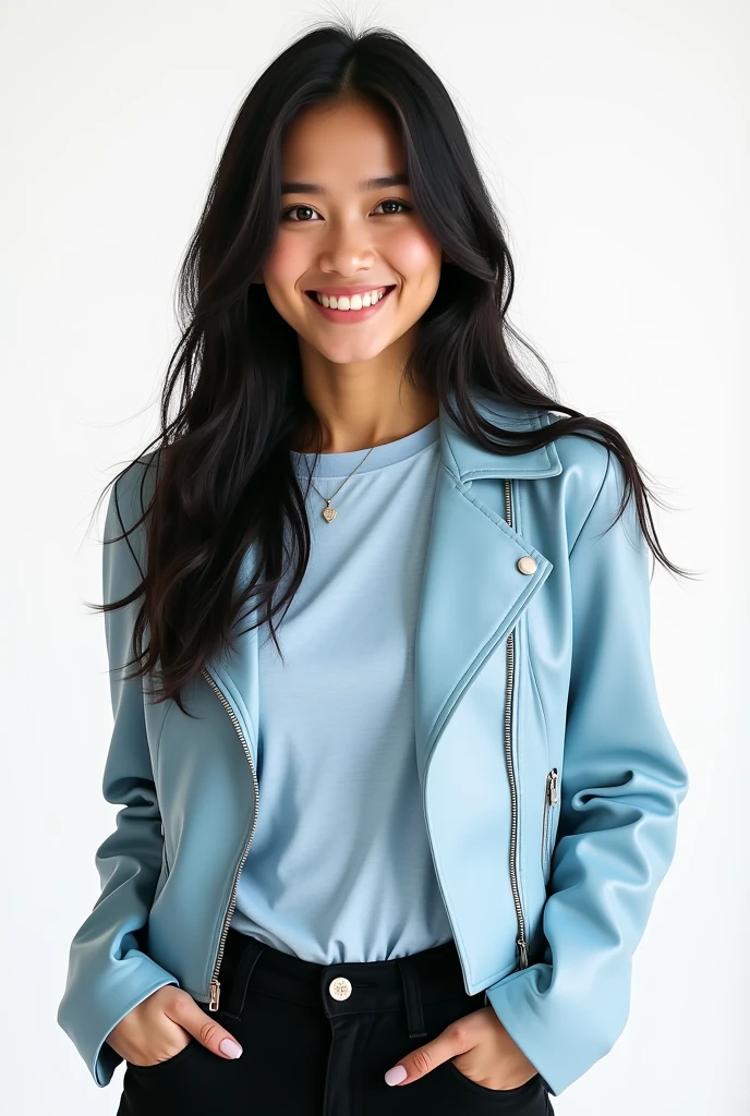(photorealism: 1.2), hot brazilian sexy girl in sexy dynamic pose. raw portrait photography, hyper realistic and detailed face, complex and realistic skin texture, hot body, athletic body, smiling, long black hair, dressed with a long sweatshirt blue in front of the turbo jet engine of an airplane
