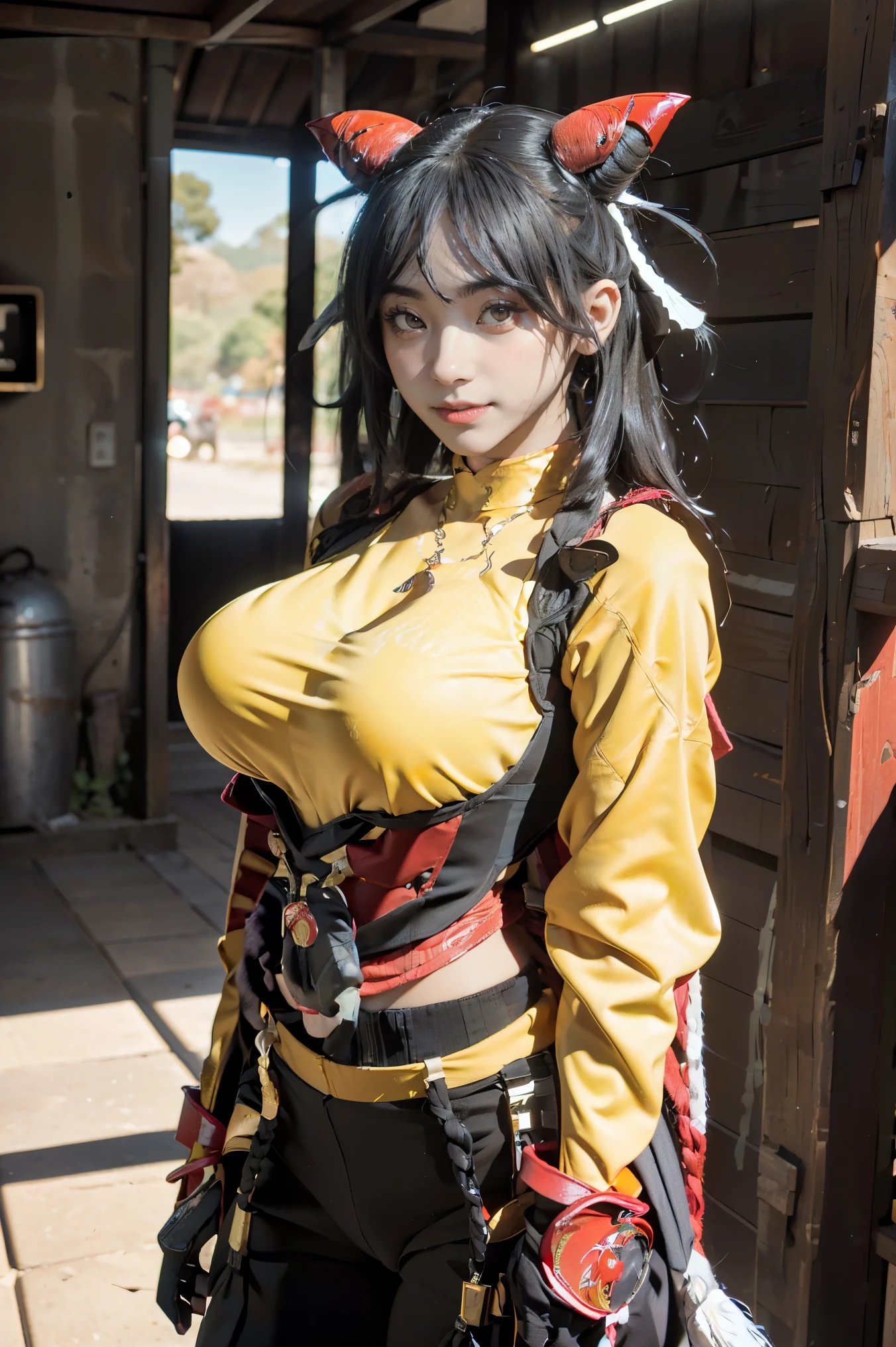 ((Unreal Engine 5)), Realistic Rendering, Excellent, (Full samurai armor), (breastplate armor), (Cloak), (samurai helm), looking on camera, standing on studio, beautiful face, makeup, CGImix, (photorealism:1.2), ultrarealistic uhd face, (huge fake :1.4), (gigantic breasts:1.1), (muscle abs), (big butt), (wide hips), (thick thighs), slim waist, hourglass figure, half body, ((glowing skin)), ((shiny skin)), Realistic body, ((she is sexy body)), ((clean skin)), photorealistic, bokeh, motion blur, masterpiece, highres, 1080P, super detail, textured skin. (yellow tracksuit with sexy bra)