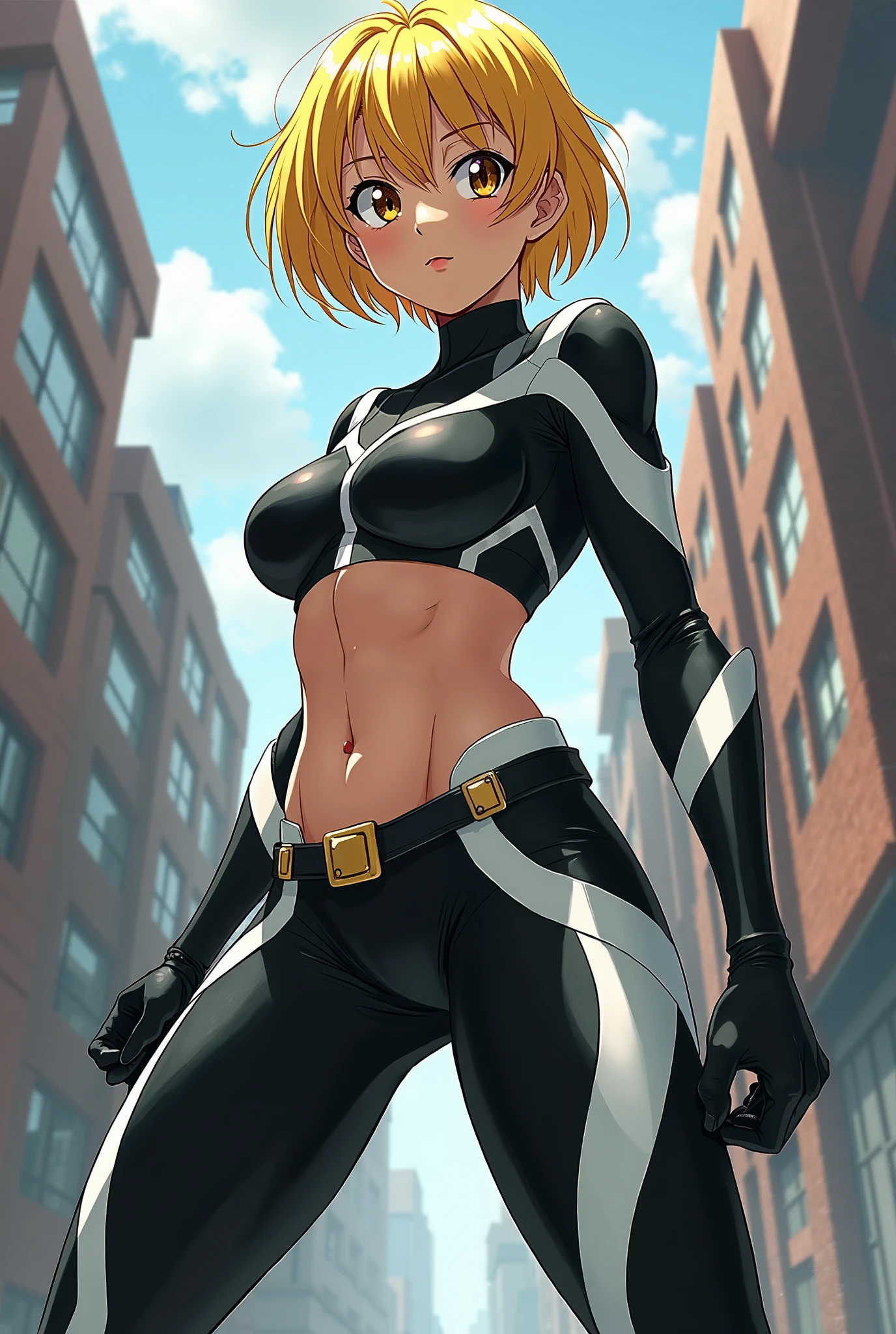 unparalleled masterpiece, ultra realistic 8k CG, perfect artwork, (1girl:1.1) , solo, ((perfect female figure)), (nsfw), looking at viewer, mature female, bimbo, standing, (teasing), best quality:1.1 , seductive posture, sexy pose, alluring, (beautiful), (curvy), (thick), blonde hair, (blue eyes:1.2), short hair, earrings, jewelry, denim vest, open vest, black pantyhose, black shirt, denim skirt, striped long sleeves, blue skirt, toned legs, fit, (abs:1.1), (big butt:1.4), peach ass, (athletic body:1.2), (large breasts:1.3, (big_breasts:1.1), wide_hips:1.5, narrow waist, small waist:1.5, slender body:1.2, thick thighs:1.3), (shiny skin:1.2), (hdr), (street:1.2), Nikon D850 film stock photograph Kodak Portra 400 camera f1.6 lens, rich colors, lifelike texture, dramatic lighting, unreal engine, trending on ArtStation, by Gerald Brom, by Frank Frazetta, by Luis Royo, by J