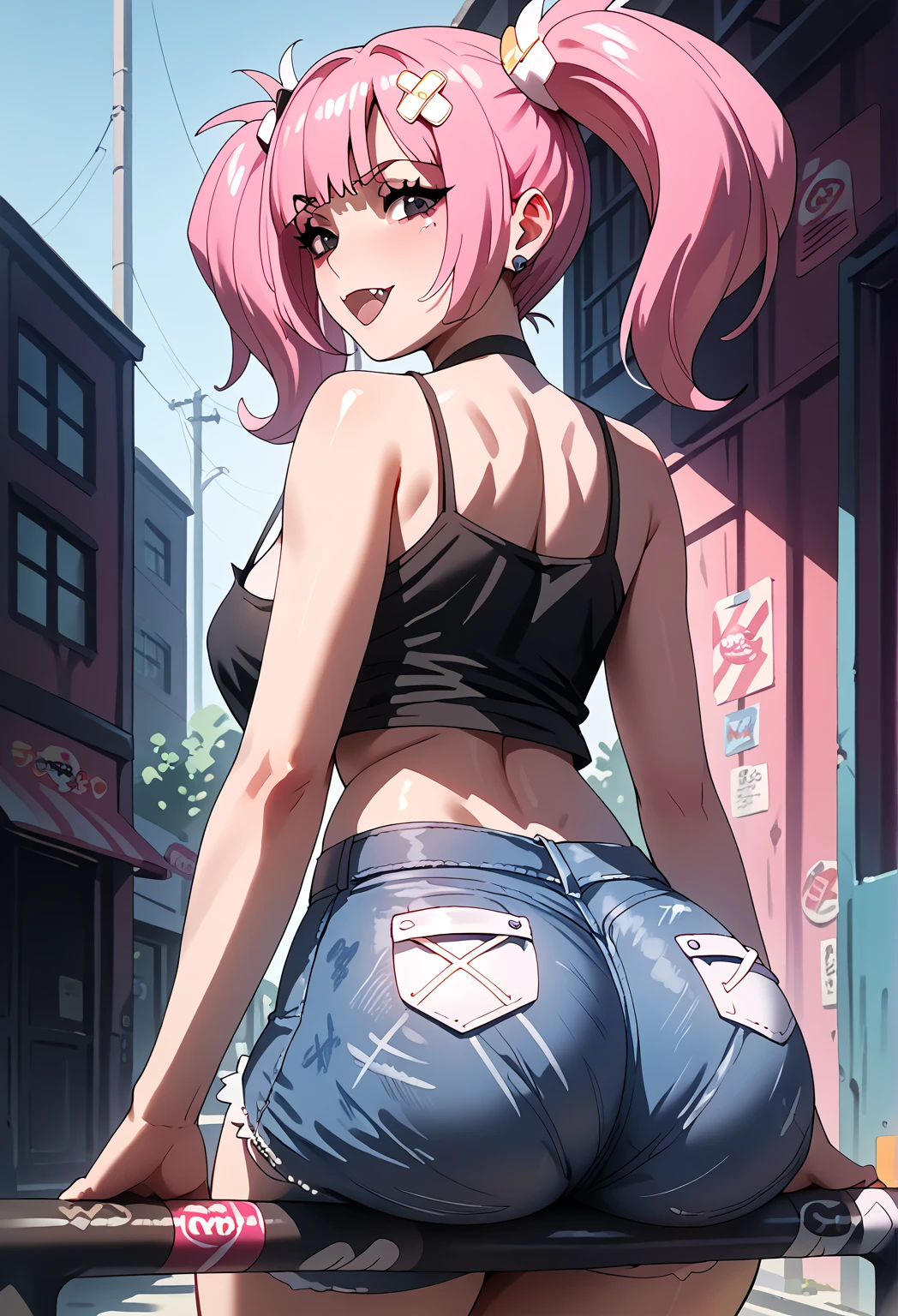 BREAK Those_Anime-Series, sango, aacoral, multicolored hair, pink hair,  twintails , hair ornament, Bandaid, black eyes, fang, medium breasts, mature body, camisole, denim shorts, looking back, Ass support , 