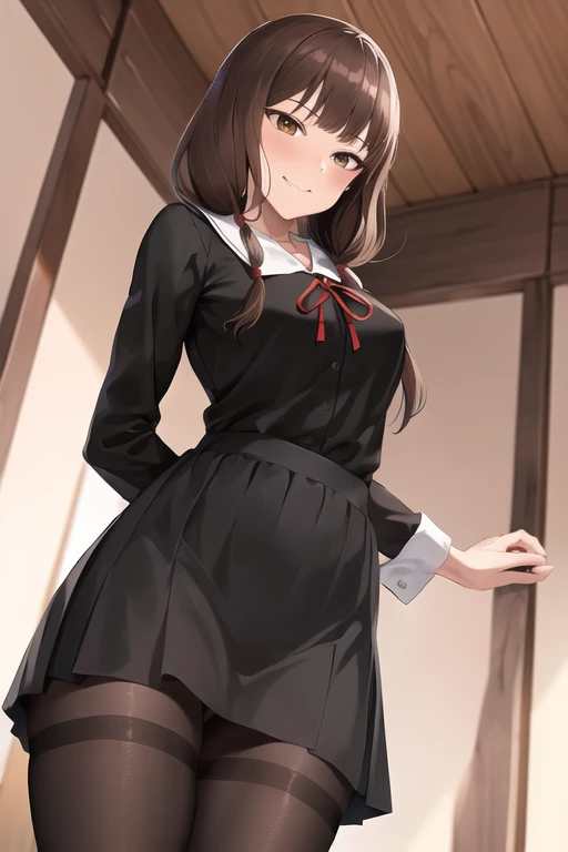 masterpiece, best quality, highres, bbmiko, long hair, low twintails, blunt bangs, collarbone, neck ribbon, red ribbon, black dress, black shirt, long sleeves, black sleeves, armband, black pantyhose, standing, cowboy shot, outdoors, smile, closed mouth, smug half-closed eyes, show panties, lift skirt, show teeth, view from below,