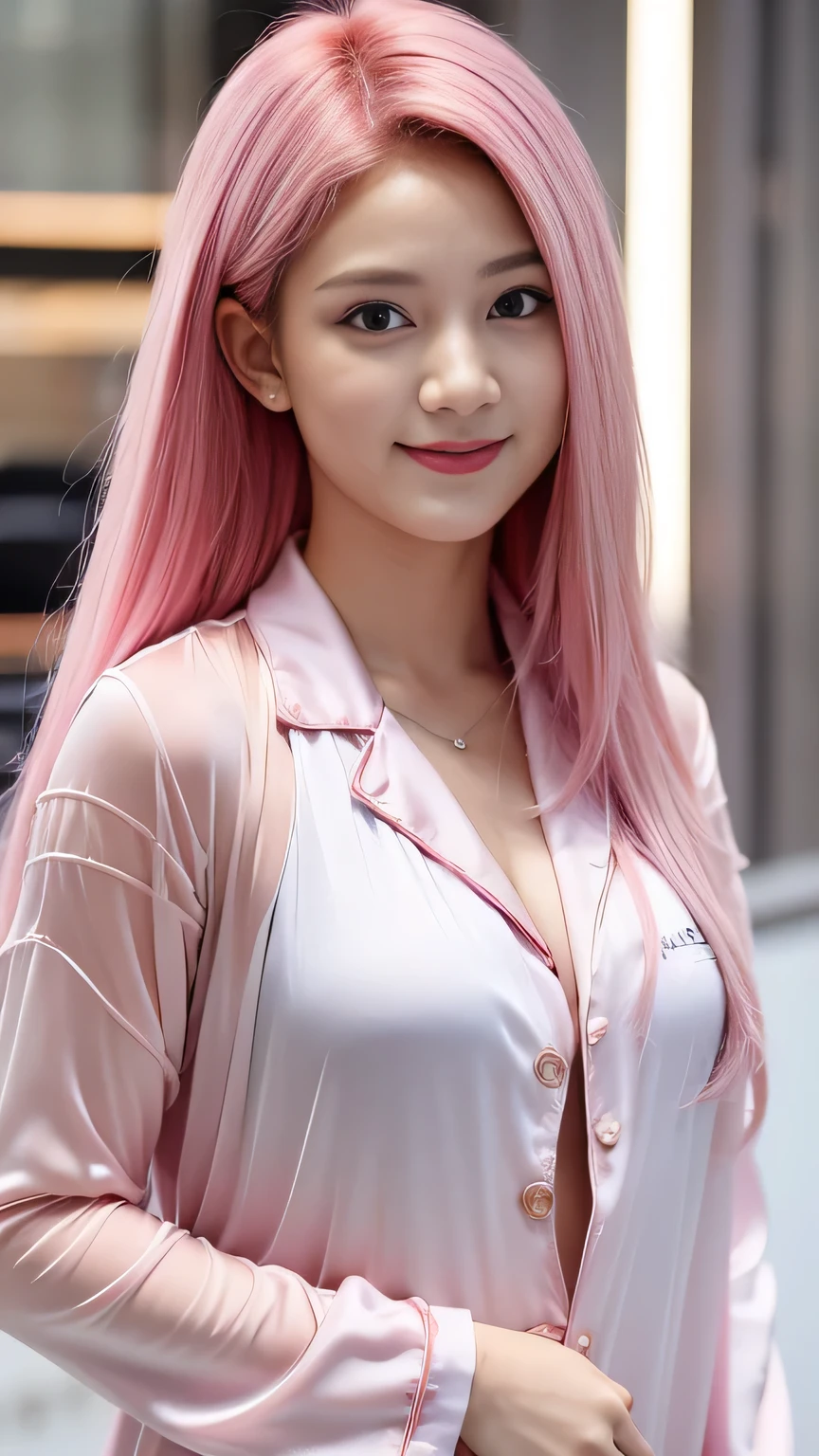 1girll,(Captivating quality:1.4),(True textured skins of the highest quality), Delicate face,Pink twin-tailed hair, Gradient Hair, (perfect bodies:1.1)、long eyelasher,grin, hyperphotorealism, Cinematic lighting, projected inset, surrealism, hyper HD, masutepiece,Dream On,Please wear clear silk pajamas, Carmelto,Fantasy space,Luxurious space