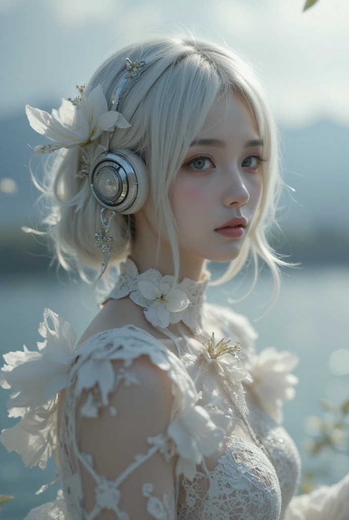 In this stunning portrait, a young girl with long white hair sits serenely, donning headphones upon her ears, lost in the enchanting melodies of her music. The pastel colors of the scene provide a soft, dream-like atmosphere, perfectly complementing the ethereal beauty of the girl. Adorned with a logo on her headphones, she exudes a sense of modernity and individuality. This meticulously crafted photograph captures the delicate balance between innocence and sophistication, and its exceptional quality captures every intricate detail, from the strands of the girl's hair to the subtle shades of the pastel palette.