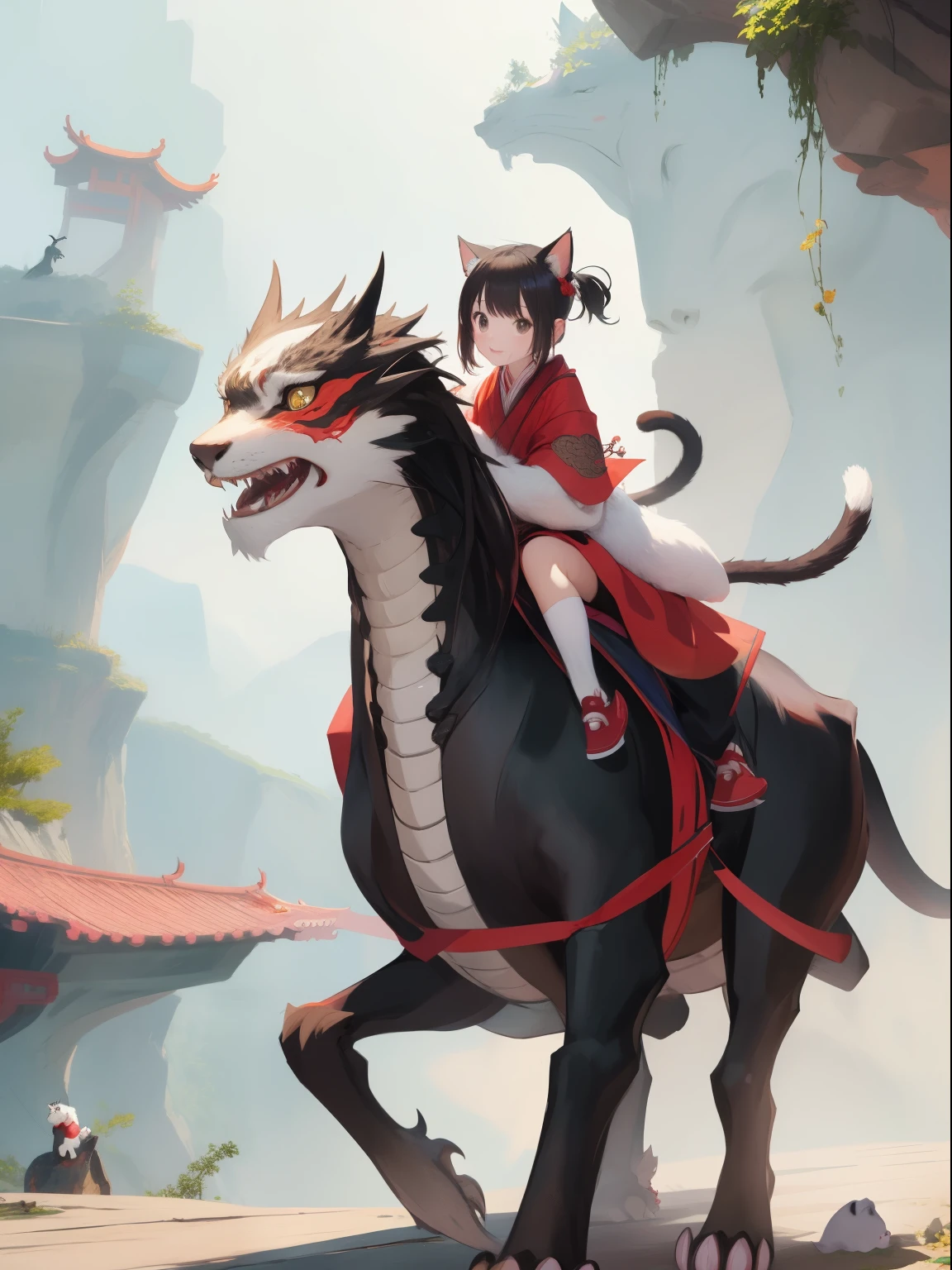 a cat riding on the back of a cute dragon、Chinese Dragon、 a cute cat 、It will vote for a cat 、Red Cliff、 a detailed face 、 Top Quality 、 photoRealstic、